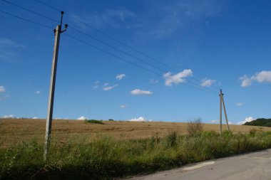 Ağustosta güzel bir manzara, yani orman ve tarlalı mavi gökyüzü.
