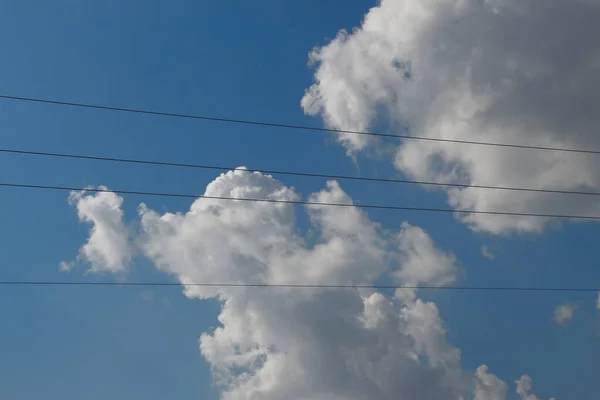 Синее Небо Линии Электропередач Августе — стоковое фото