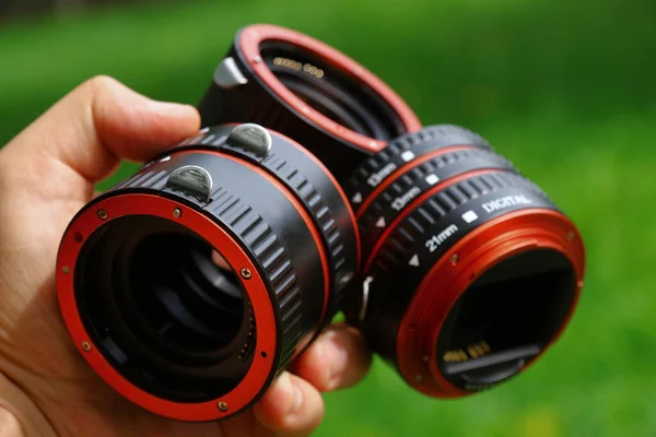 Die Makroringe Der Dlf Kamera Bestehen Aus Schwarzem Und Rotem — Stockfoto