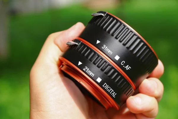 Makro Kroužky Dlf Kamery Jsou Vyrobeny Černého Červeného Plastu — Stock fotografie