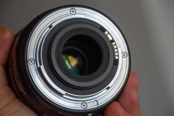 Lenzen Lens Voor Camera Hand Tafel Achtergrond — Stockfoto