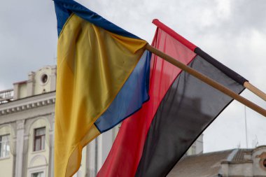 Ukrayna 'nın sarı ve mavi bayrağı ve Ukrayna isyancı ordusunun kırmızı ve siyah bayrağı