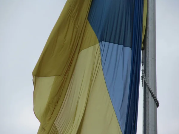 Жовтий Синій Прапор України Флагштоку Парку Хмарну Погоду — стокове фото