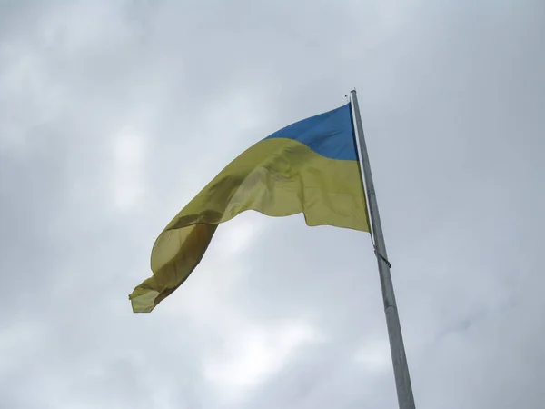 Bandeira Amarela Azul Ucrânia Mastro Bandeira Parque Tempo Nublado — Fotografia de Stock