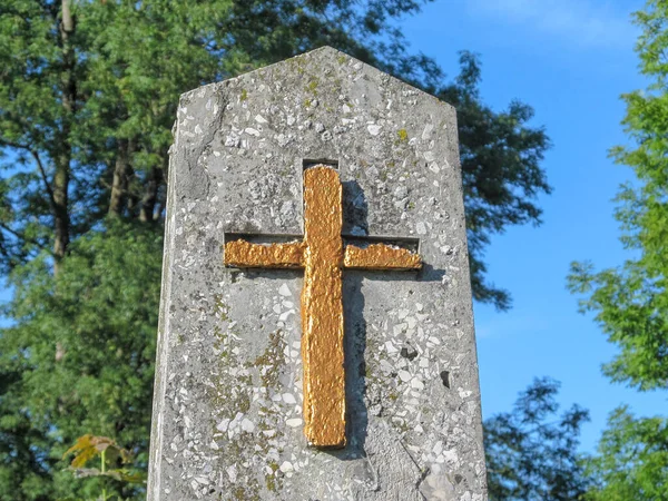 Een Heel Oud Katholiek Stenen Kruis Een Begraafplaats Overgroeid Met — Stockfoto