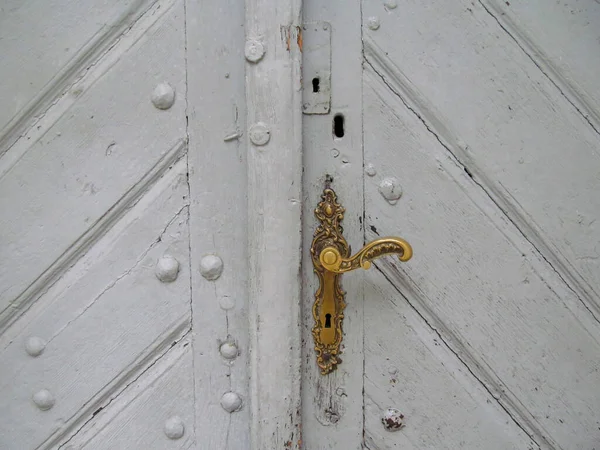 18世紀の美しい金色のグラムと修道院の古い灰色の木製のドア — ストック写真