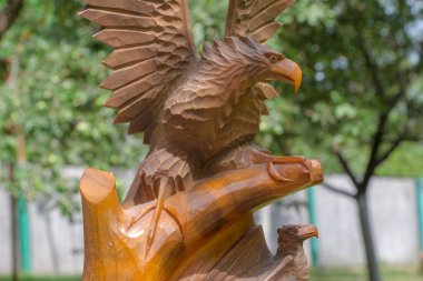 Ukrayna Karpatlarında bulunan bir kartalın ahşap heykeli.