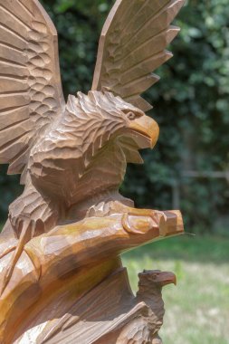 Ukrayna Karpatlarında bulunan bir kartalın ahşap heykeli.