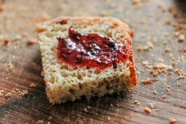 Piece Bread Which Greased Jam — Stock Photo, Image