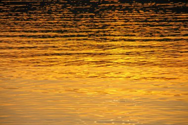 Gün batımı göletteki suda parlıyor.