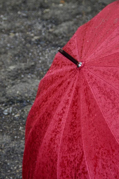 Grand Parapluie Rouge Avec Gouttes Eau Après Pluie — Photo