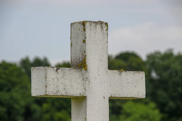 Λευκός Τσιμεντένιος Χριστιανικός Σταυρός Ένα Χωράφι Φόντο Χόρτου — Φωτογραφία Αρχείου