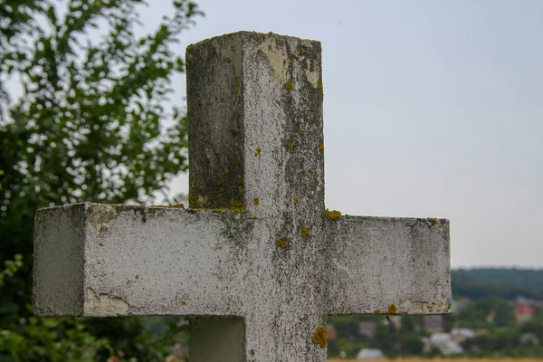 Wit Beton Christen Kruis Een Veld Een Achtergrond Van Gras — Stockfoto