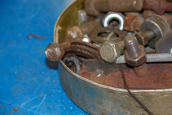 stock image Large metal bolts and nuts in the workshop