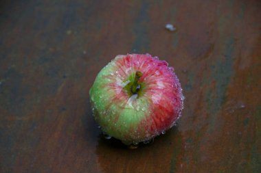 Yağmurdan sonra yerde küçük yeşil kırmızı elmalar