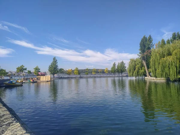 公园里的秋景以及池塘和湖泊的堤岸 — 图库照片