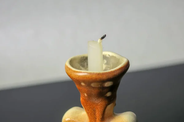 Small Yellow Ceramic Candlestick Candle — Stock Photo, Image