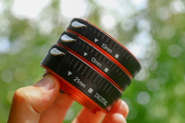 Macro Anéis Para Lente Câmera Slr Tiro Pequenos Detalhes Coisas — Fotografia de Stock