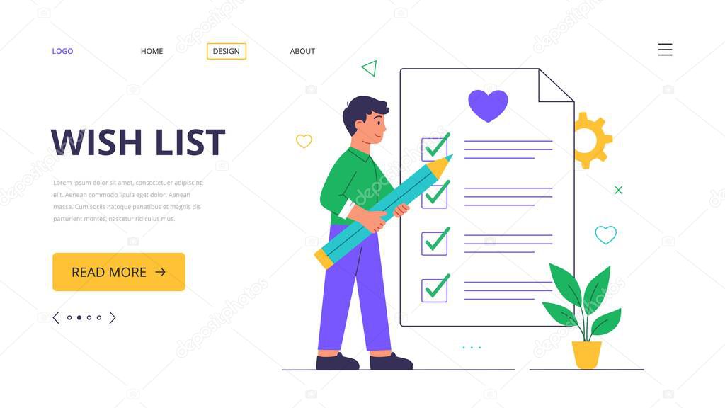 Wishlist. Human writing wish list on paper. Vector illustration in a modern flat style. Landing page website template.