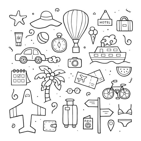 Conjunto Dibujado Mano Elementos Viaje Maleta Estrella Mar Palmera Avión — Vector de stock