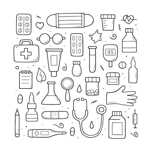 Conjunto Dibujado Mano Objetos Elementos Elementos Garabatos Médicos Día Internacional — Vector de stock