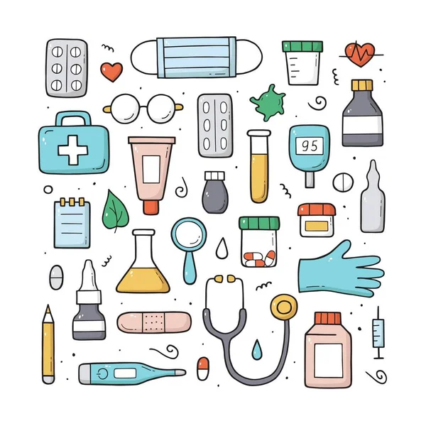 Handgezeichnetes Set Medizinischer Doodle Objekte Elemente Und Gegenstände Internationaler Tag — Stockvektor