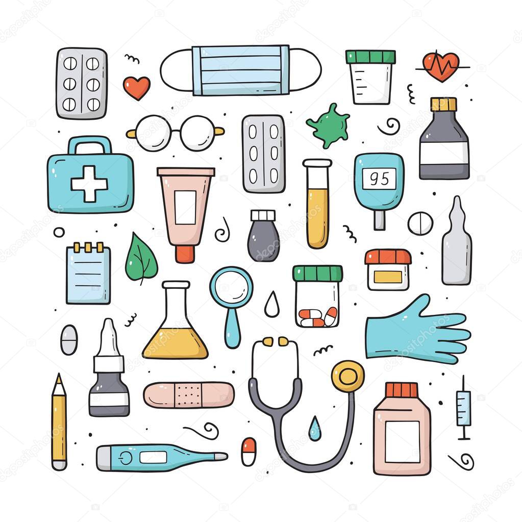 Hand drawn set of Medical doodle objects, elements and items. International nurse day. Isolated colored vector symbols on white background.
