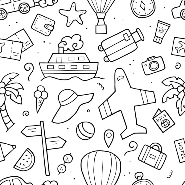 Patrón Inconsútil Elementos Del Esquema Turístico Boceto Doodle Objetos Viaje — Vector de stock