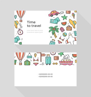 Seyahat acentesi kartviziti şablonu, tur şirketleri. Seyahat kavramı. Turizm, elementleri ve nesneleri kendine çekti. Çizim stili karalama. Vektör basit illüstrasyon.