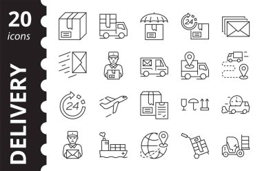 Sevkiyat ve teslimat simgeleri. Vektör ana hat sembolü koleksiyonu.
