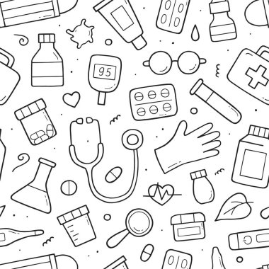 Sağlık hizmetleri ve tıbbi unsurlarla kusursuz bir düzen. Karalama çizimi. Beyaz arkaplanda elle çizilmiş vektör çizimi.