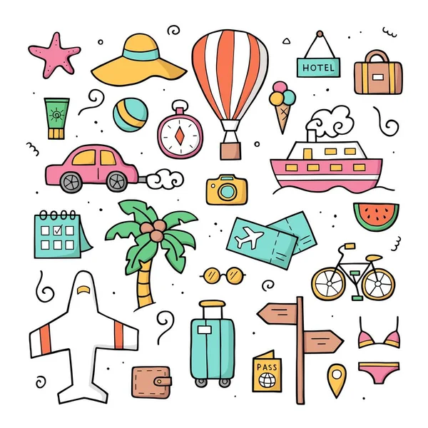 Hand Drawn Doodle Set Travel Elements Color Sketch Style Vector — Stock Vector