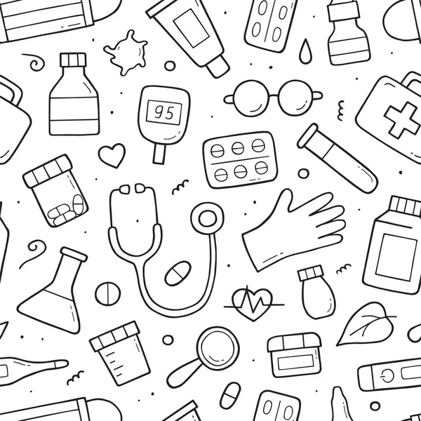 Sağlık hizmetleri ve tıbbi unsurlarla kusursuz bir düzen. Karalama çizimi. Beyaz arkaplanda elle çizilmiş vektör çizimi.
