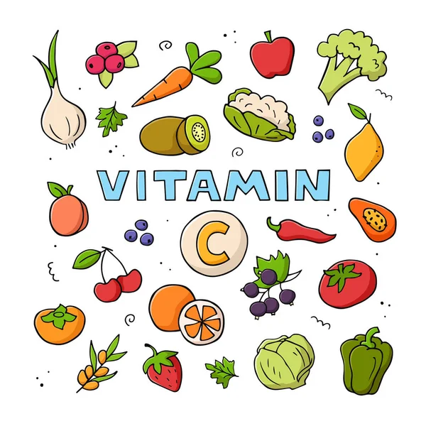 Ensemble Sources Vitamine Illustration Vectorielle Couleur Dessinée Main Nourriture Naturelle — Image vectorielle