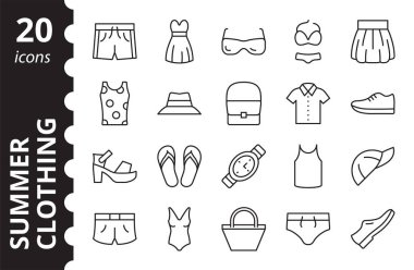 Yaz giysi simgeleri hazır. Basit bir doğrusal biçimdeki kolleksiyon vektör sembolleri.