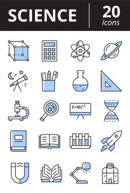 Bilim simgeleri ayarlandı. Koleksiyon, kimya, tıp, astronomi ve fizikle ilgili basit ana hatları simgeler.