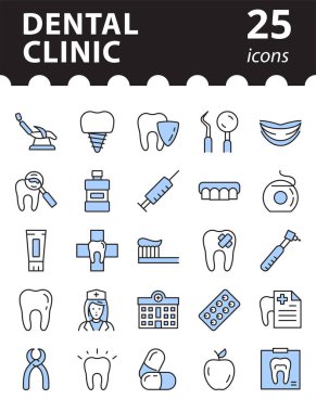 Diş sağlığı kliniği - ikon seti. Vektör ana hat sembolleri koleksiyonu. Doğrusal resim grafikleri.