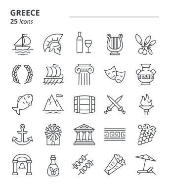 Yunan kültürü, Yunan ikonu seti. Basit doğrusal semboller koleksiyonu. Tarih, devlet, sanat, yemek.