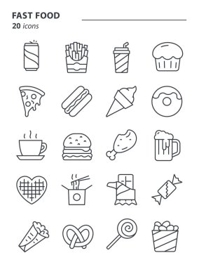 Fast food - ikon seti. Sokak yemekleri doğrusal sembolleri. Vektör satırı ağ simgeleri koleksiyonu.