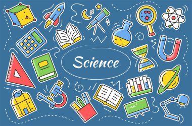 Fen çıkartması seti. Elementler ve objelerle ilgili laboratuvar araştırmaları. Çizgi film vektör illüstrasyonu.