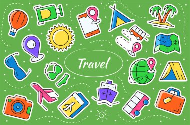 Seyahat ve Tur çıkartması seti. Macera ve turizm kavramı. Vektör sembolü koleksiyonu.