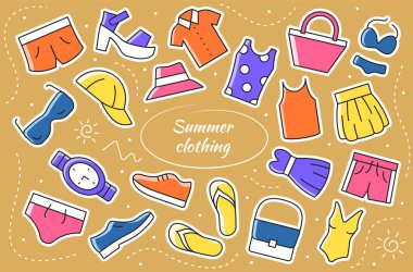 Yazlık giysiler, çıkartma seti. Koleksiyon vektör ögesi ve nesneler.