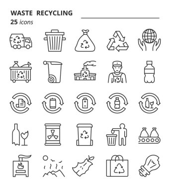 Atık geri dönüşüm simgeleri ayarlandı. Çöp ana hatları semboller. İnce doğrusal işaretler koleksiyonu.