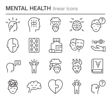 Zihinsel sağlık ince çizgi simgeleri ayarlandı. Psikoloji konsepti. Mono line vektör piktogramları. Düzenlenebilir Vuruş.