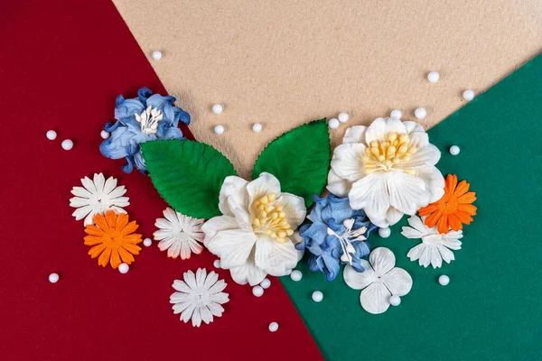 Kartpostalların, broşürlerin, davetiyelerin düz bir yüzeyde tasarlanması için çiçek ve yaprakların bileşimi. Renkli bir arkaplanda dekoratif çiçek çerçevesi.