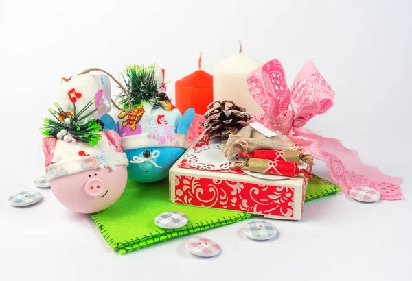 Homemade Gifts Toys White Background Composition Festive Objects Table Handmade — Stock Photo, Image