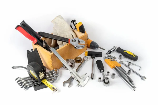 Wooden Tool Box White Background Tools Repair Work Construction Tools — Stock Photo, Image