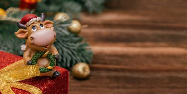 Noel Baba şapkalı oyuncak boğa koyu renk ahşap bir arka planda kırmızı bir hediye kutusunda. Yeni yıl 2021, Noel konseptinin sembolü olarak Noel ağacı dalında. Boşluğu kopyala.