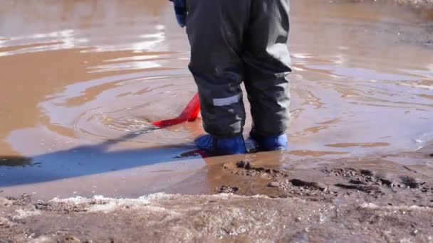 青いゴムブーツと防水パンツの小さな男の子は泥だらけの春の水たまりに赤いシャベルで再生されます 春のコンセプト — ストック動画