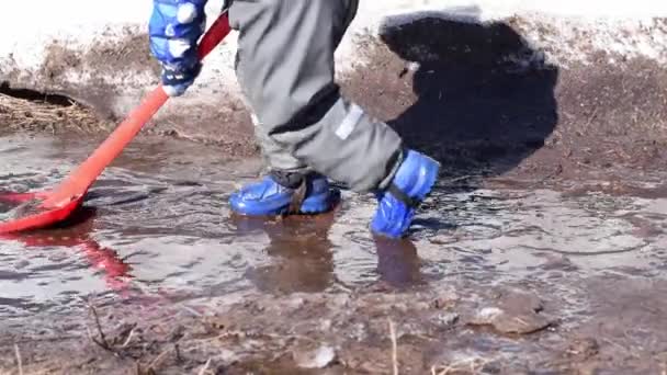 Kleine Jongen Blauwe Rubberen Laarzen Waterdichte Broek Speelt Met Een — Stockvideo